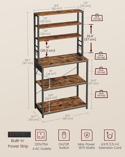 VASAGLE Bakers Rack with Power Outlet, 31.5 Inches Coffee Bar for Kitchen with Storage, 6-Tier Kitchen Shelves with 6 Hooks, Microwave Stand, Industrial, Rustic Brown and Ink Black UKKS119K01