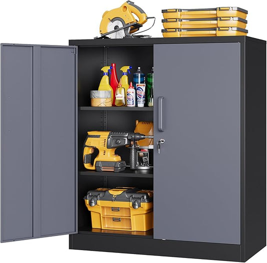 36" H Metal Storage Cabinet, Black Metal Cabinet with 2 Lockable Doors and 2 Adjustable Shelves, Garage Storage Cabinet for Home Office, Garage, School, Apartment, Warehouse