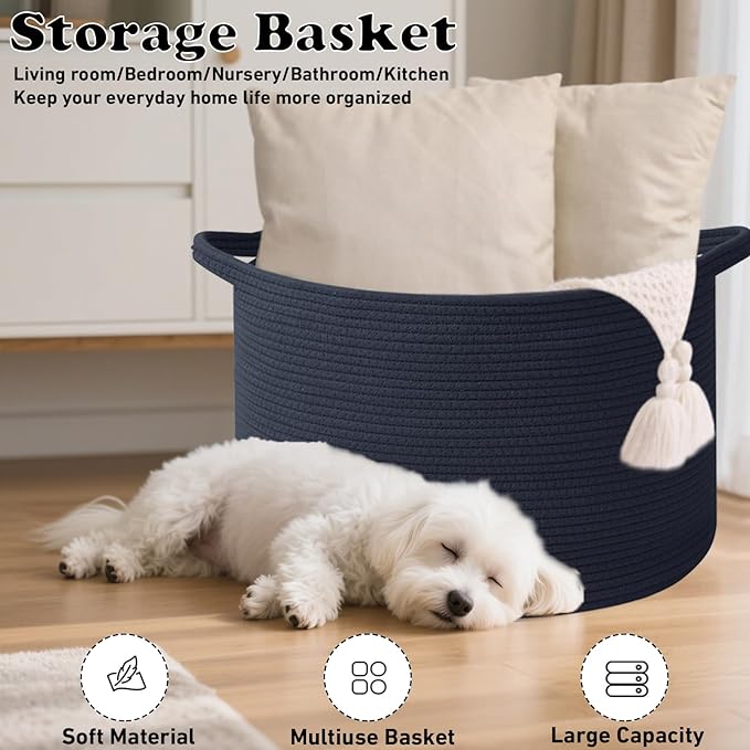 65L Large Blanket Basket,19.7" L x 19.7" W x 13" H Rope Woven Baskets with Handles, Toys Storage Bins,Laundry Basket Perfect for Living Room, Nursery,Bedroom,Home Organization,Dark Blue
