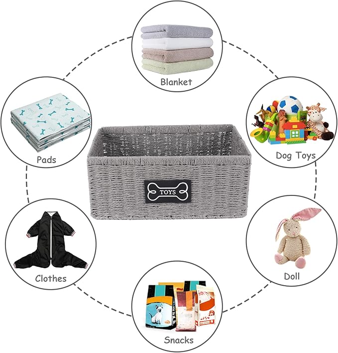 Geyecete dog toy basket,square Living pet toy bin basket Wicker dog toy box Foldable Pet Toy Storage Organizer, Grey Paper Rope & Steel Wire Basket