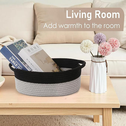 Woven Basket,Small Rope Storage Bin with Handles & Ribbon Bag, Organizer for Shelves Closets,Gift Basket Empty for Birthday,Books,Dog Toys, Black&Grey
