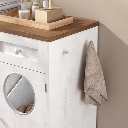 HOOBRO Double Laundry Hamper Cabinet, Hidden Laundry Cabinet with 2 Drawers & 2 Baskets, 20 Gallon Farmhouse Bathroom Laundry Hamper with 2 Clothes-Toss Holes, White and Dark Walnut WHZ36XY01