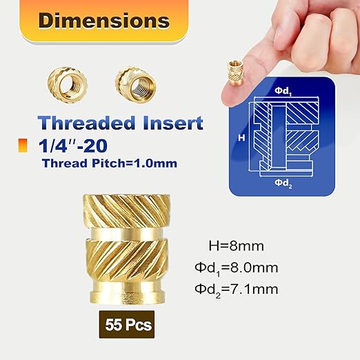 55 Pcs 1/4''-20 Threaded Inserts for Plastic with Heat Set Tip,1/4''x8mmx8mm Heat Set Inserts Kit,Brass Inserts for 3D Pringting