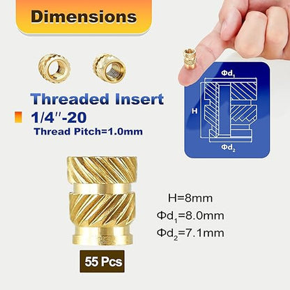 55 Pcs 1/4''-20 Threaded Inserts for Plastic with Heat Set Tip,1/4''x8mmx8mm Heat Set Inserts Kit,Brass Inserts for 3D Pringting