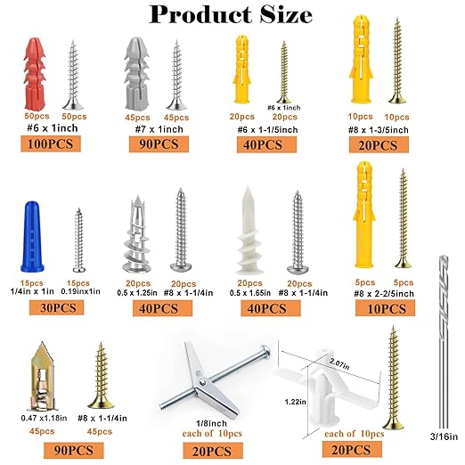 501PCS Drywall Anchors and Toggle Bolts with Screws Kit, 250PCS Dry Wall Anchors and 250PCS Expansion Screws (2025 Upgraded),11 Sizes Sheetrock Anchors Screws Kit for Wall Art Decor