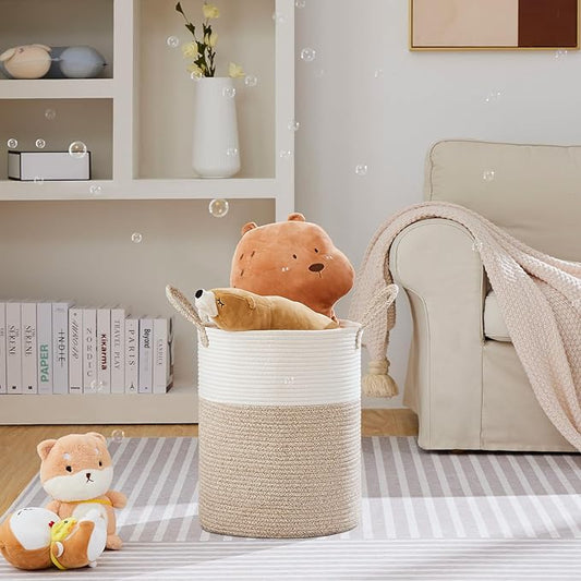 VIPOSCO Large Laundry Hamper, Tall Woven Rope Storage Basket for Blanket, Toys, Dirty Clothes in Living Room, Bathroom, Bedroom - 53L White & Brown