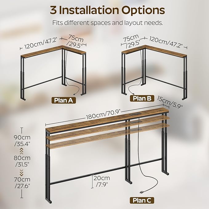 70.9" Narrow Console Table with Adjustable Height (27.6"-35.4"), L Shaped Sofa Table Narrow Long, Skinny Behind Couch Table with USB-C Ports, 5.9" Wide Sofa Side Table, Rustic Brown CT28UBR