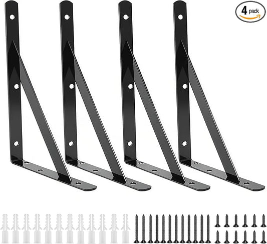 4 Pack L12 x H 8" Heavy Duty Shelf Brackets with Screws Open Floating Shelving Bracket L Brackets Black Metal Shelf Brackets for Shelves, Room, Pantry,Garage