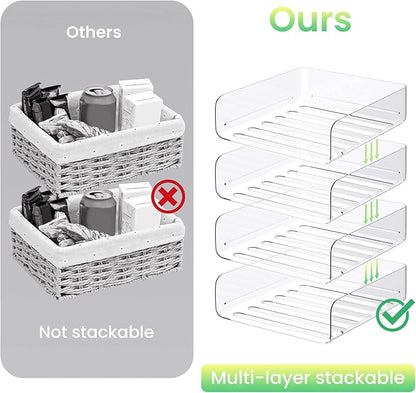 Tomorotec Desk Letter Tray Set, A4 Size Clear PET Stackable Document Organizer Office Desktop File Paper Holder Book Storage Rack Side Load Anti-Skid Stacking Support Convex Bottom (4X Portrait)