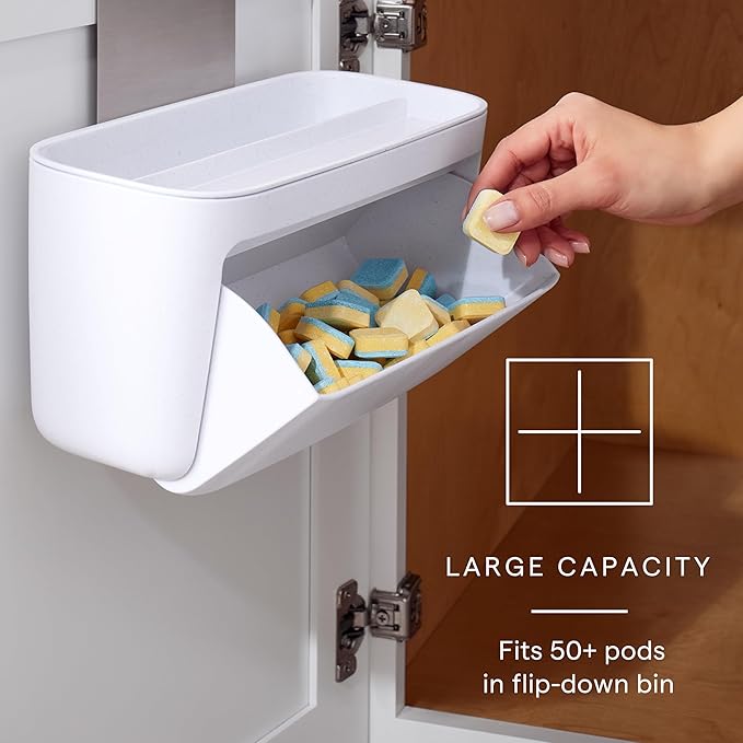 YouCopia DoorStash™ Dishwasher Pod Holder with Lid, Hanging Storage Container for Detergent, Speckled White