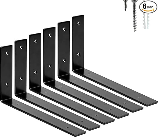 HEART ART 6 Pack Shelf Brackets 12 inch,L Brackets for Shelves,Black Heavy Duty Metal Shelf Brackets,12”x6”x1.4”