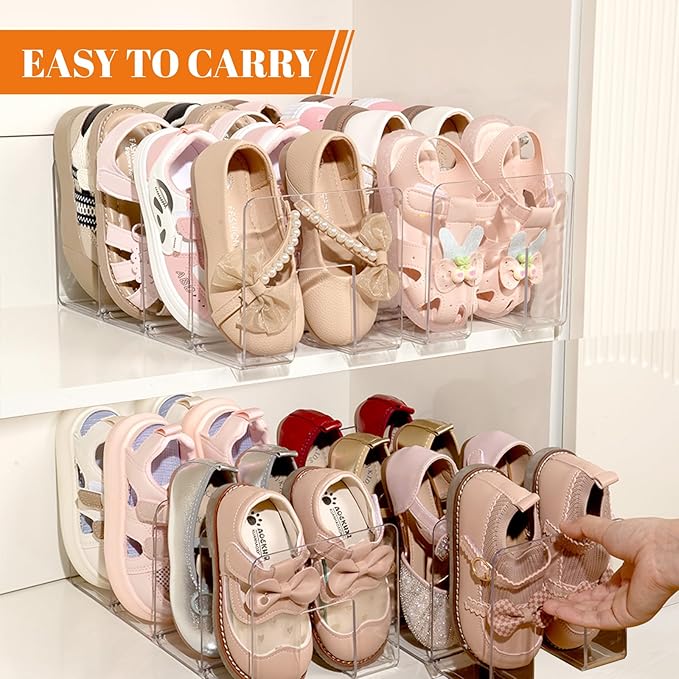4PACK Clear Acrylic Kids Shoe Rack for Closet Organizers and Storage, Small Clear Shoe Rack 4 Sections Toddler Baby Shoe Storage Organizer Stackable Shoe Shelf,Desk File Sorter Book Purse Organizer