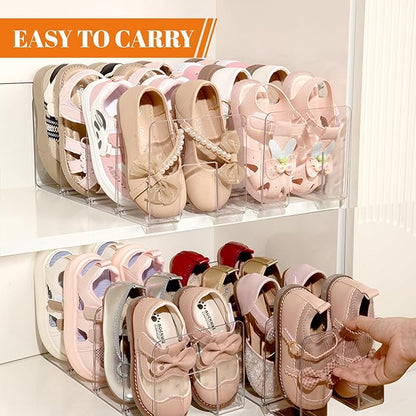2PACK Clear Acrylic Kids Shoe Rack for Closet Organizers and Storage, Small Clear Shoe Rack 4 Sections Toddler Baby Shoe Storage Organizer Stackable Shoe Shelf,Desk File Sorter Book Purse Organizer
