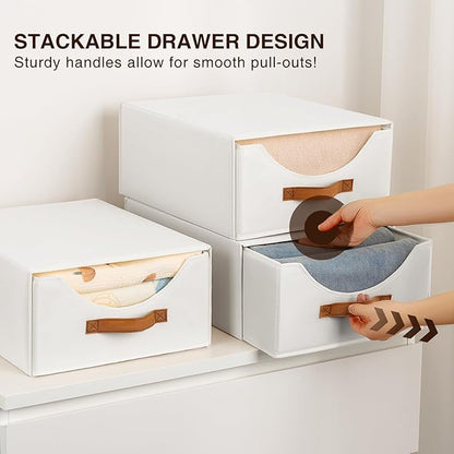 Large Stackable Storage Bins - Fabric Pull-out Closet Shelf Organizer, Linen Closet Organizers and Storage, Decorative Storage Boxes for Bedroom, Office, Dorm, 3 Pack, White