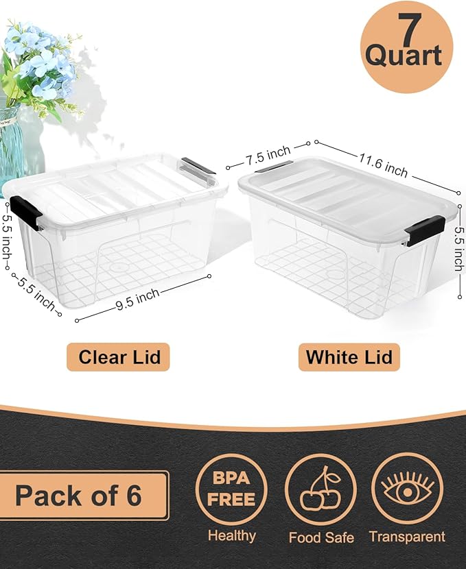 Plastic Storage Bins with Lids 6 Pack, 7 Quart Storage Containers With Black Buckle Latch, Stackable Storage Organizers for Home Pantry Office Classroom Organization, Clear