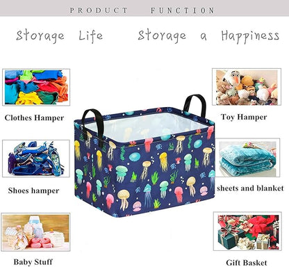 KUNRO Rectang Storage Basket Gift Shelf Basket Storage Bin, Nursery Basket Organizer Box for With Handles for Room Deco (Colorful Jellyfish)