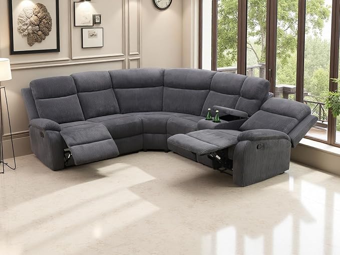 Living Room Furniture Sets, Grey Corduroy Sectional Manual Reclining Sofa Set with 2 Recliner Seats, 3PCS Recliner Secitonal Sofa with Cup Holders, Storage Console for Living Room, Office