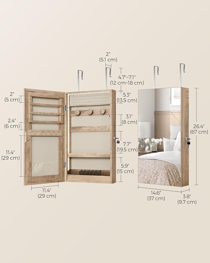 SONGMICS Mirror Jewelry Cabinet Armoire with Built-in LED Lights, Wall or Door Mounted Jewelry Storage Organizer, 3.8 x 14.6 x 26.4 Inches Hanging Mirror Cabinet, Gift Idea, Camel Brown UJJC050N01
