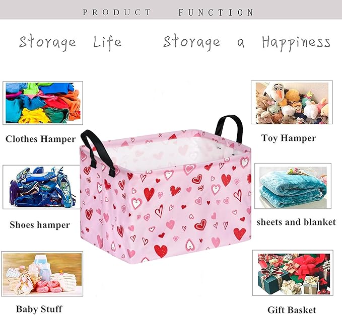 KUNRO Rectang Heart Pattern Valentine's Storage Basket Gift Shelf Basket Storage Bin, Nursery Basket Organizer Box for With Handles for Room Deco