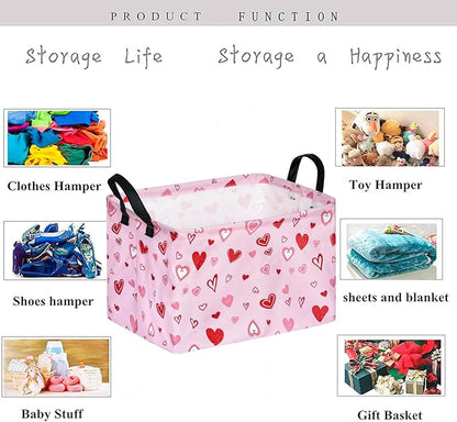 KUNRO Rectang Heart Pattern Valentine's Storage Basket Gift Shelf Basket Storage Bin, Nursery Basket Organizer Box for With Handles for Room Deco