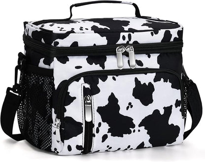 Insulated Lunch Bag for Men & Women, 9L Leakproof Lunch Box Soft Cooler Tote with 5 Pockets, 600D Oxford, EVA Lining, Adjustable Strap for Work, Picnic, Beach&Travel-Cow Print