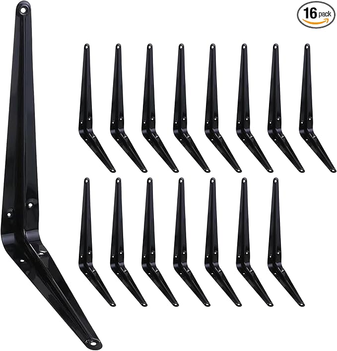 ELSKER&HOME 16 Pack Shelf Brackets 10 Inch, Floating Shelf Bracket for Wood, Black Metal L Bracket for Shelves Support, Wall Mount Corner Brace