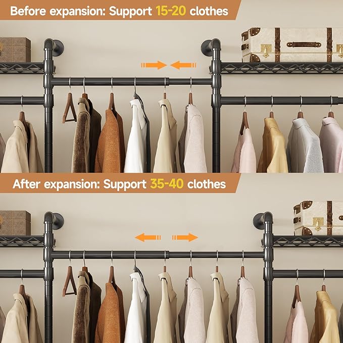 P3 Industrial Pipe Closet System, Wall Mounted Garment Racks with 4 Telescopic Rods & 6 Mesh Shelves, Heavy Duty Clothing Clothes Rack for Walk-in Closets (Black)