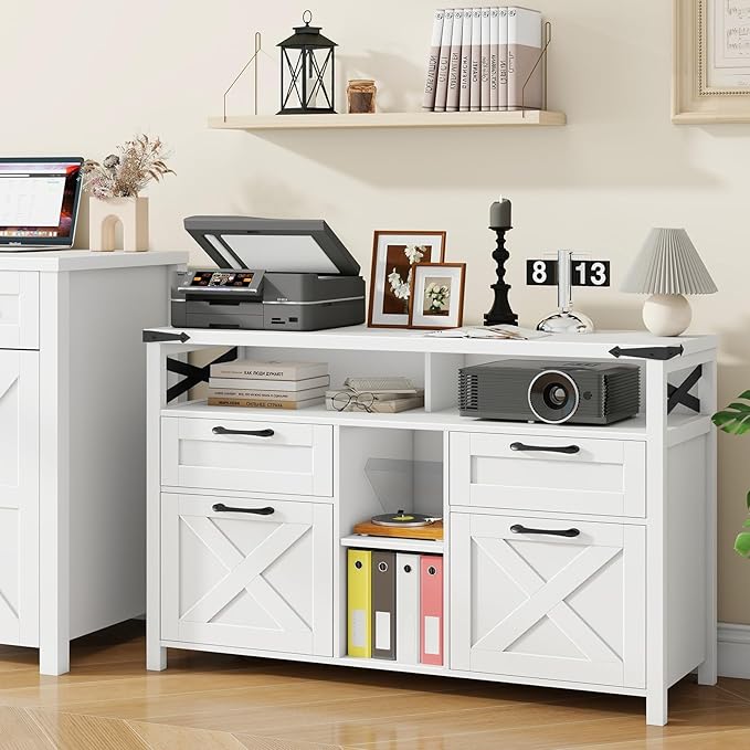 Farmhouse Filing Cabinet with Adjustable Shelf for Home Office, Lateral File Cabinets 4 Drawers with Open Storage Shelf, Filing Organization Storage Cabinets for Hanging Files Letter/A4.(White)