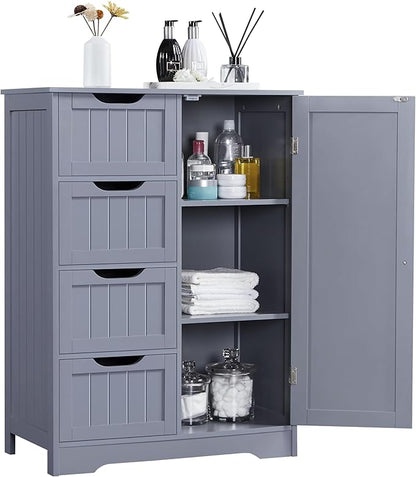 Yaheetech Large Bathroom Floor Cabinet with 4 Dawers and Single Door Cabinet, Freestanding Storage Cabinet for Living Room Kitchen Hallway, Gray
