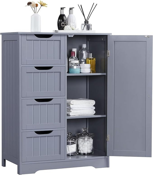 Yaheetech Large Bathroom Floor Cabinet with 4 Dawers and Single Door Cabinet, Freestanding Storage Cabinet for Living Room Kitchen Hallway, Gray