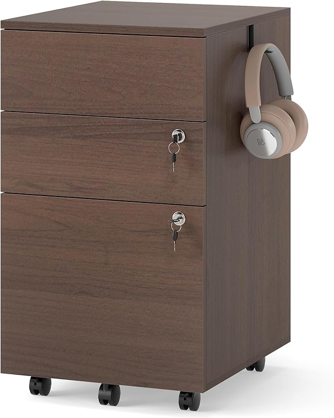 Giantex 3-Drawer File Cabinet with Lock, 27-Inches Storage Cabinet with 2 Side Hooks, Mobile Printer Stand, Wheels, 4 Keys, Vertical Filing Organizer fits Letter/A4 Size for Home Office (Brown)