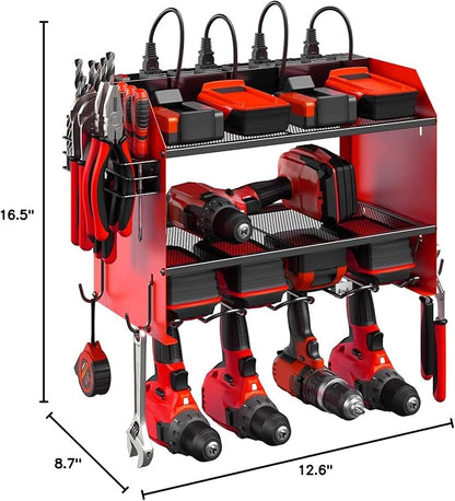 CCCEI Modular Power Tool Organizer Wall Mount with Charging Station. Garage Drill Storage Shelf with Hooks, Heavy Duty Rack, Tool Battery Holder Built in 8 Outlet. Gift for Men. Red, 1 Pack.