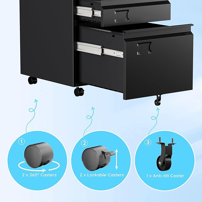 SUXXAN 3 Drawer File Cabinet with Lock, Metal Under Desk Cabinet with Wheels for Office & Home, Legal/Letter Size, Need to Assemble