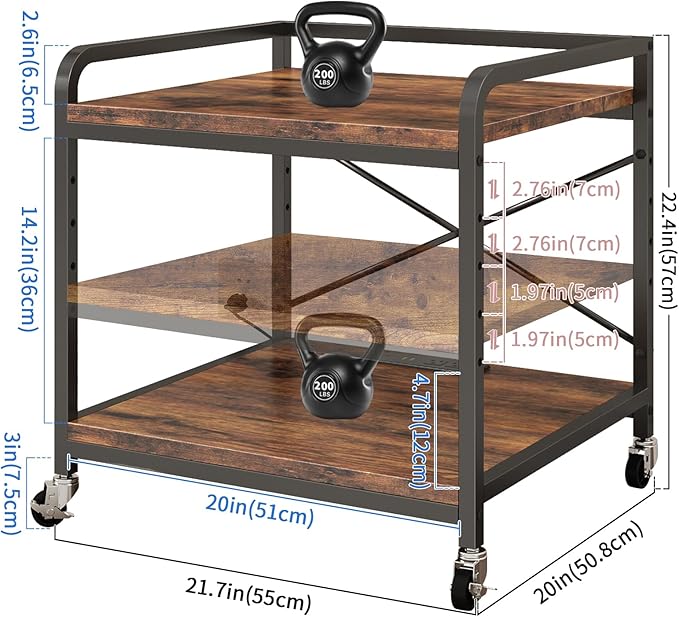 Under Desk Printer Stand with Power Outlet Large Printer Table with Adjustable Shelf,Industrial Wheels, 20 Inches Deep 2 Tier Rolling Printer Cart for Home Office, Rustic Brown