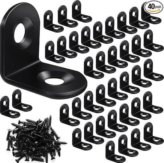 40PCS L Brackets, Black Small Corner Brackets for Wood, Stainless Steel Corner Brace with 80 Screws, Metal Right Angle Bracket for Furniture Cabinet Shelves Drawer Chair (0.79 x 0.79 in)