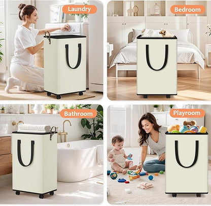 Laundry Basket with Wheels, Collapsible Laundry Baskets, Laundry Hamper with Handles Detachable Wheels, Rolling Laundry Basket, Dirty Clothes Hamper for Bathroom, Dorm, Bedroom, Cream, 100L