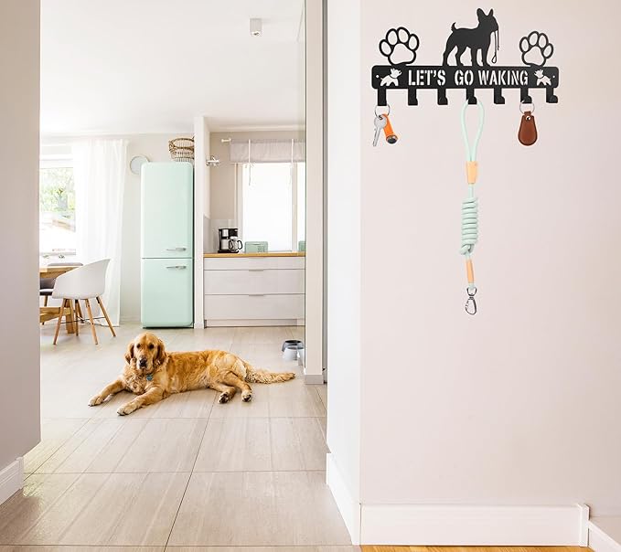 Key Holder Wall Mount & Dog Leash Holder for Wall, Metal Key Rack with 7 Hooks for Entryway/Hallway/Kitchen Decor，Wall Organizer with Screw Anchors (Bulldog, 13.5"×6.2"×0.75")