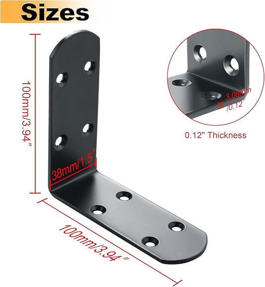 Alise 4Pcs Stainless Steel L Brackets for Shelves Black, Small Floating Shelf Brackets, 90 Degree Right Angle Bracket, Heavy Duty Metal L Bracket Corner Brackets for Wood Furniture (3.94X3.94 in)