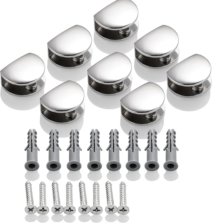 SAYAYO Glass Shelf Brackets Adjustable, Heavy Duty Clamp Holder for 8-10 mm Wood/Glass Shelves, Wall Mount Railing Polished Chrome, 8Pcs