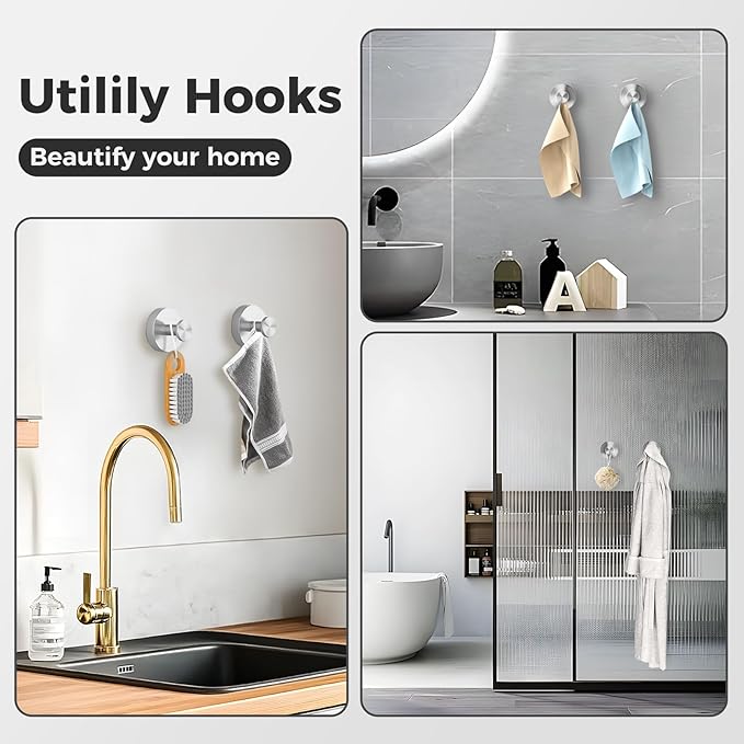 Shower Hooks for Inside Shower,Large Suction Cup Hooks for Glass Window,Removable Towel Hooks for Bathrooms,4 Packs(Silver)