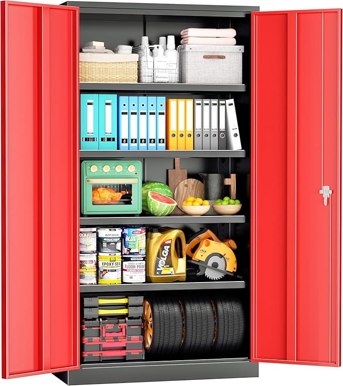 INTERGREAT Metal Storage Cabinet, 72” H Storage Cabinet with 2 Doors and 4 Adjustable Shelves for Office, Home, Garage, Pantry (Assembly Required, Black Red)