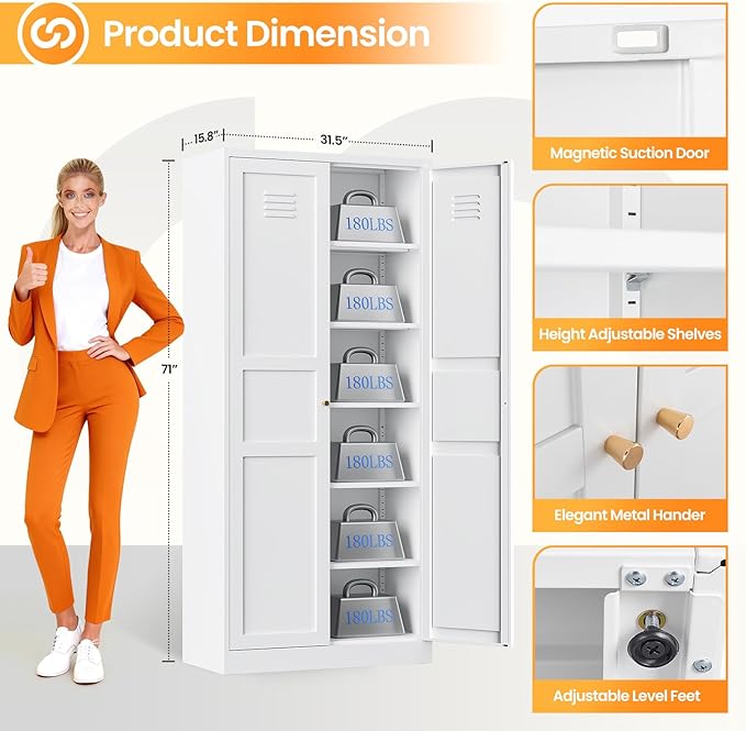71" Tall Kitchen Pantry Storage Cabinet with 2 Doors and 5 Adjustable Shelve, Metal White Food Pantry Cabinet, Kitchen Cabinet Storage Unit,6 Tier Freestanding Cupboard for Kitchen Dining/Living Room