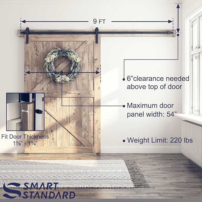 SMARTSTANDARD 9 Feet Heavy Duty Sturdy Sliding Barn Door Hardware Kit-Smoothly and Quietly-Includes Detailed Installation Fit 54" Wide Doorpanel (J Shape Hanger) Black