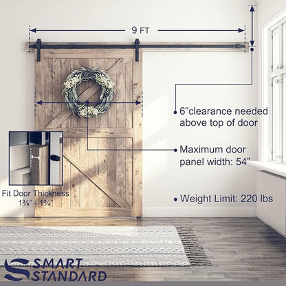 SMARTSTANDARD 9 Feet Heavy Duty Sturdy Sliding Barn Door Hardware Kit-Smoothly and Quietly-Includes Detailed Installation Fit 54" Wide Doorpanel (J Shape Hanger) Black
