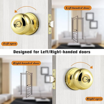Probrico Polished Brass Door Knobs, Interior Door Knobs with Round Ball Knob, Nickel Privacy Door Knob for Bedroom Bathroom, 10 Pack