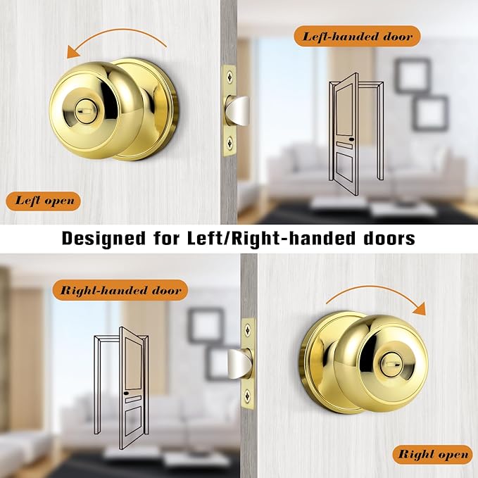 Probrico Polished Brass Door Knobs, Interior Door Knobs with Round Ball Knob, Nickel Privacy Door Knob for Bedroom Bathroom, 12 Pack