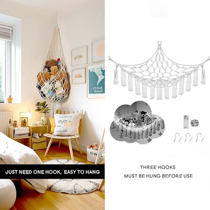 Stuffed Animal Storage Organizers Toy Hammock Corner Hanging Net Stuffy Animal Hammock Macrame Toy Display Plush Toy Holder Wall, Kid Bedroom Decor Boho Nursery Playroom Organizer (Cream XL)