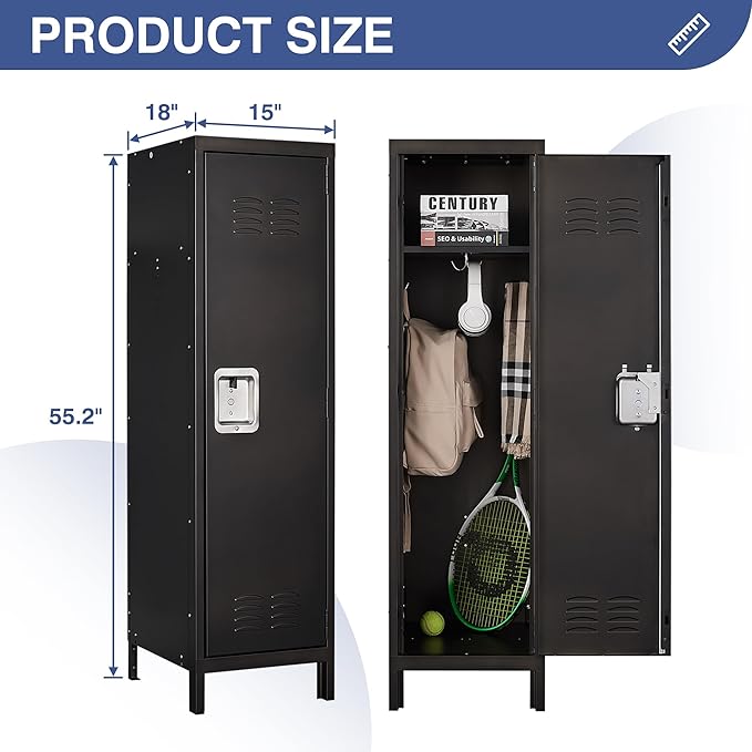 Metal Storage Locker, Lockable Employees Metal Locker with Door, 55" Height Steel Locker for Home, School, Office, Gym (Retro Black)