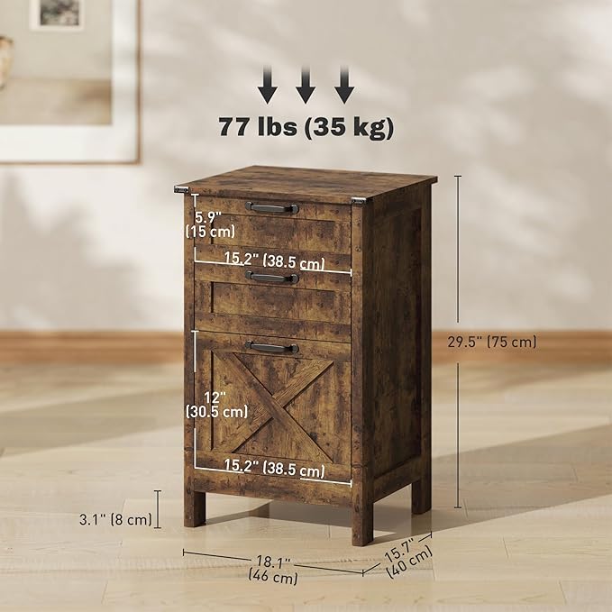 HOMCOM 3 Drawer File Cabinet with Silent Slides, Vertical Filing Cabinet for Hanging A4/Letter Size, Rustic Farmhouse Printer Stand with Storage for Home Office, Rustic Brown