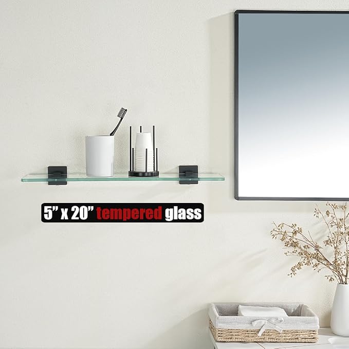 JQK Bathroom Glass Shelf Black, Tempered Glass Shower Storage 24 by 5 inches, 304 Stainless Steel Matte Black Wall Mount, TGS201L24-PB